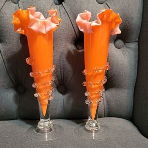 Vintage murano orange ruffled vases